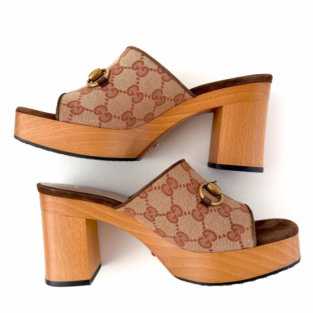 GUCCI || GG Canvas Horsebit Platform Mule Sandals EU 38 Brown Wood Heel - Picture 9 of 12